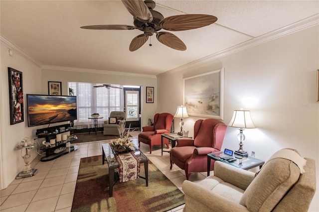 living room featuring light tile patterned floors and crown molding