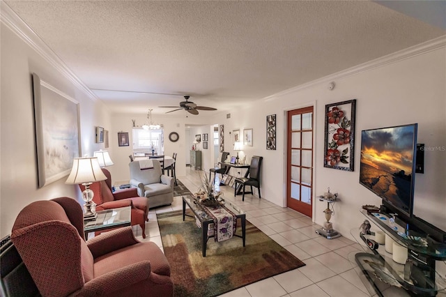 tiled living room featuring ceiling fan, crown molding, and a textured ceiling