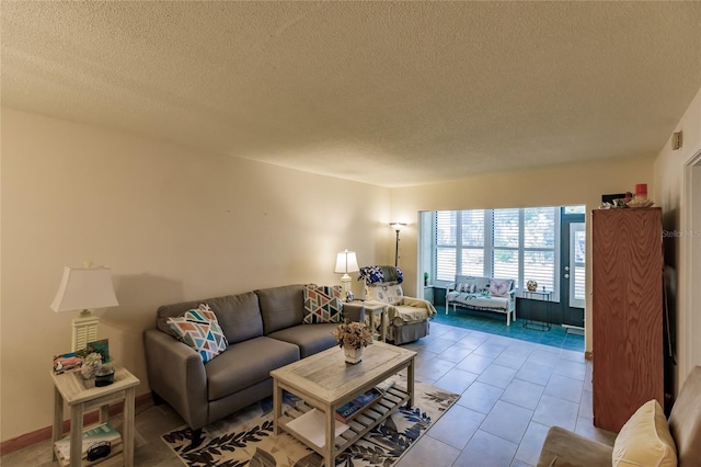 tiled living room with a textured ceiling