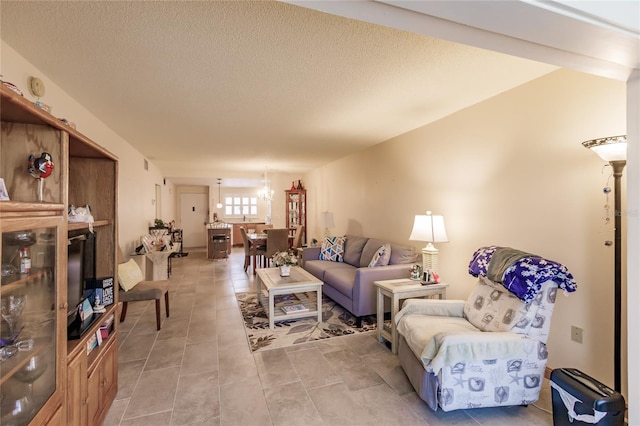 living room with a textured ceiling