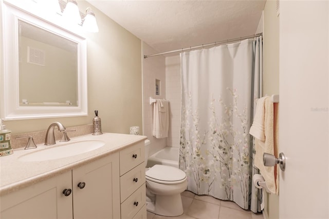 full bathroom featuring shower / tub combo, tile patterned floors, vanity, a textured ceiling, and toilet