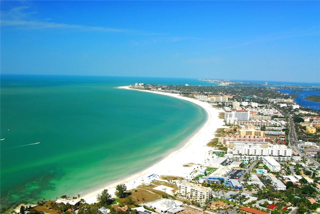 bird's eye view with a beach view and a water view