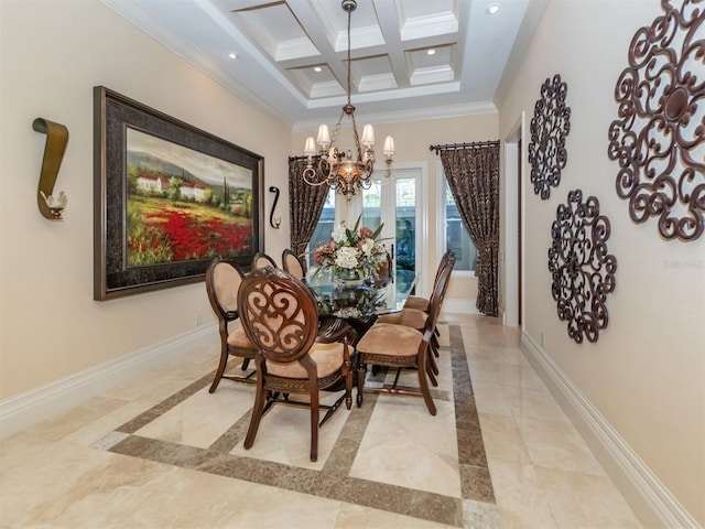 dining area featuring beam ceiling, ornamental molding, coffered ceiling, and an inviting chandelier