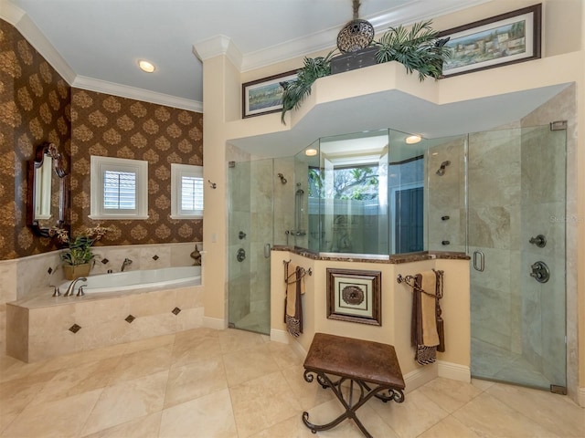 bathroom with plus walk in shower, ornamental molding, and a wealth of natural light