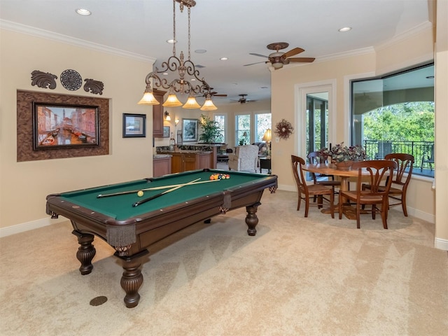 playroom featuring crown molding, ceiling fan, light colored carpet, and pool table