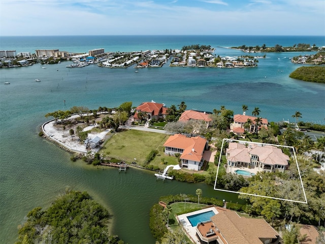 drone / aerial view featuring a water view