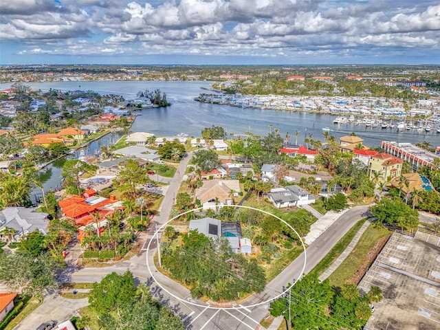 drone / aerial view featuring a water view