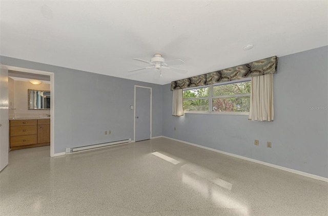 unfurnished bedroom featuring ceiling fan, connected bathroom, and a baseboard radiator