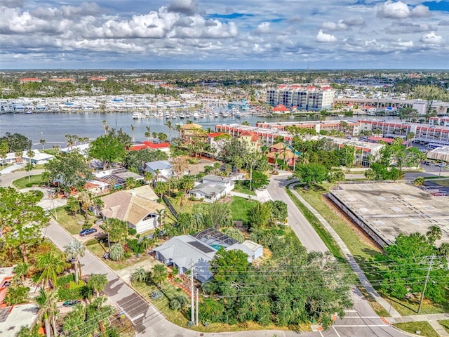 drone / aerial view with a water view