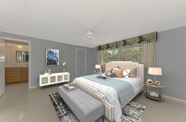 bedroom featuring ensuite bathroom and ceiling fan