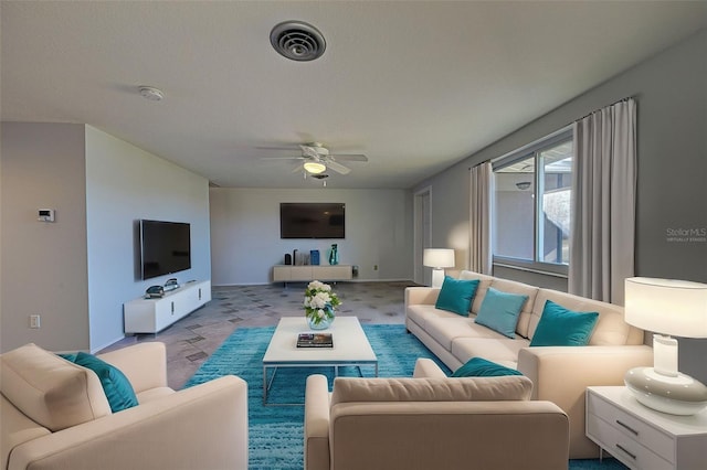 living room featuring ceiling fan