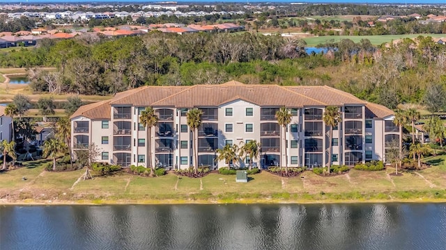 aerial view featuring a water view