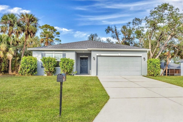 single story home with a front lawn and a garage