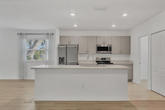 kitchen featuring sink, stainless steel appliances, gray cabinets, and a center island with sink