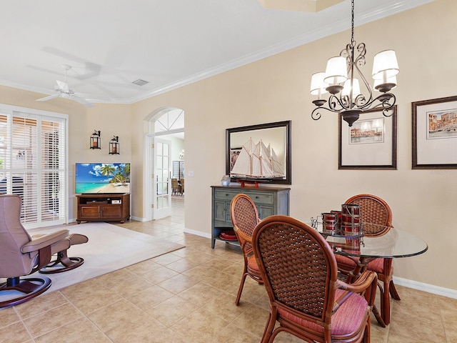 sitting room featuring light tile patterned floors, ceiling fan with notable chandelier, and ornamental molding