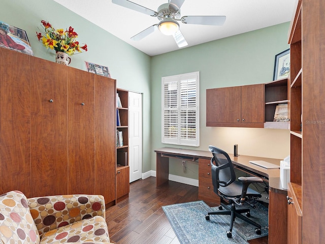 office with dark hardwood / wood-style floors and ceiling fan