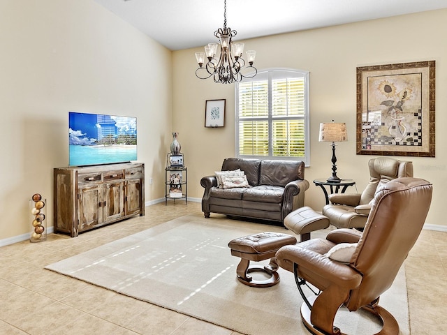 tiled living room with a notable chandelier