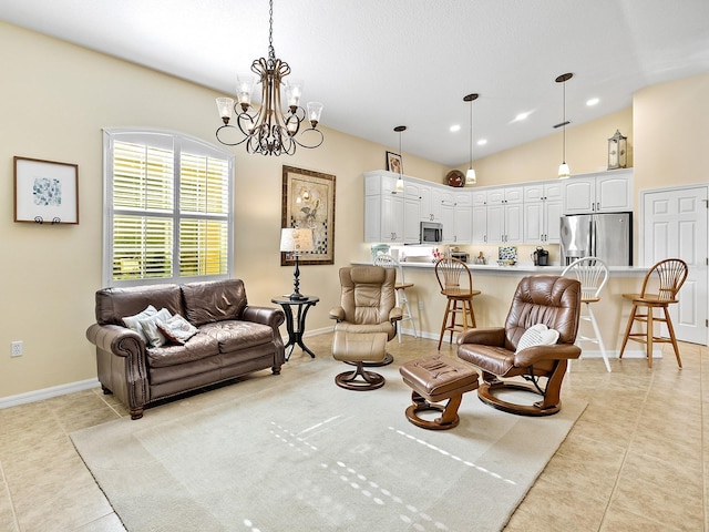 living room with vaulted ceiling, light tile patterned floors, and a chandelier