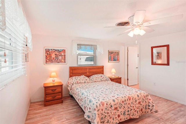 bedroom with ceiling fan and light wood-type flooring