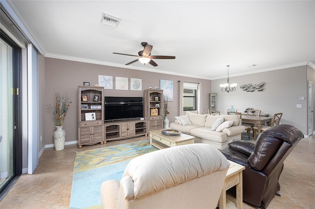 living room featuring ceiling fan with notable chandelier and crown molding