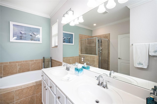 bathroom with vanity, independent shower and bath, and ornamental molding