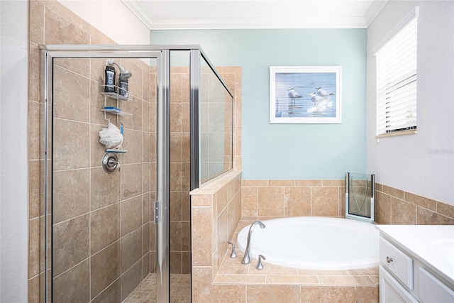 bathroom featuring vanity, independent shower and bath, and ornamental molding