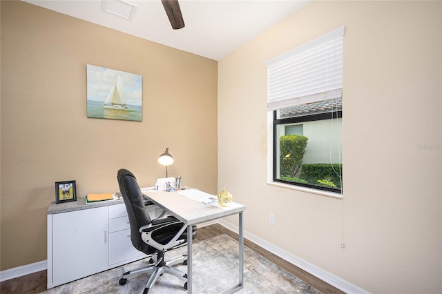 office area featuring ceiling fan and wood-type flooring