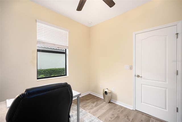 office area with ceiling fan and light hardwood / wood-style floors