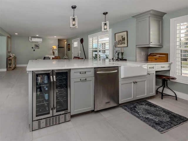 bar featuring wine cooler, dishwasher, an AC wall unit, decorative light fixtures, and light tile patterned floors