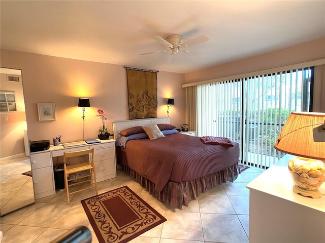 tiled bedroom with access to outside and ceiling fan