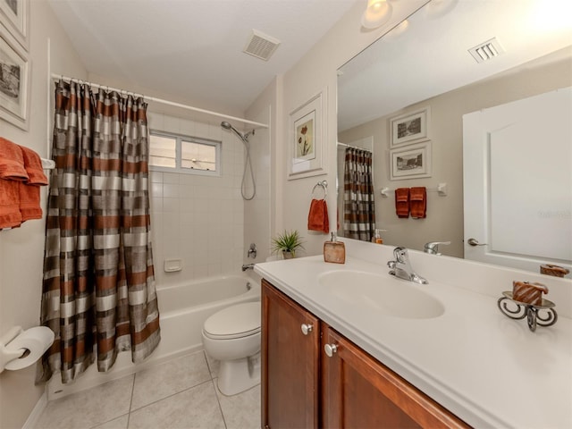 full bathroom with toilet, shower / bathtub combination with curtain, tile patterned floors, and vanity