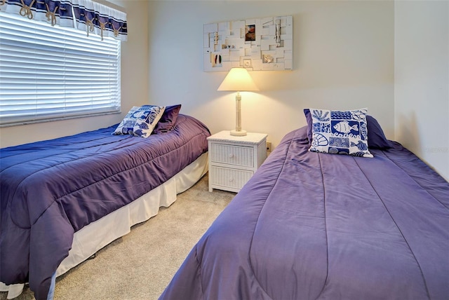 bedroom with light carpet