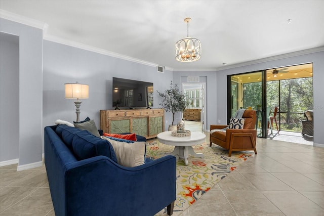 living room with crown molding, plenty of natural light, light tile patterned floors, and ceiling fan with notable chandelier