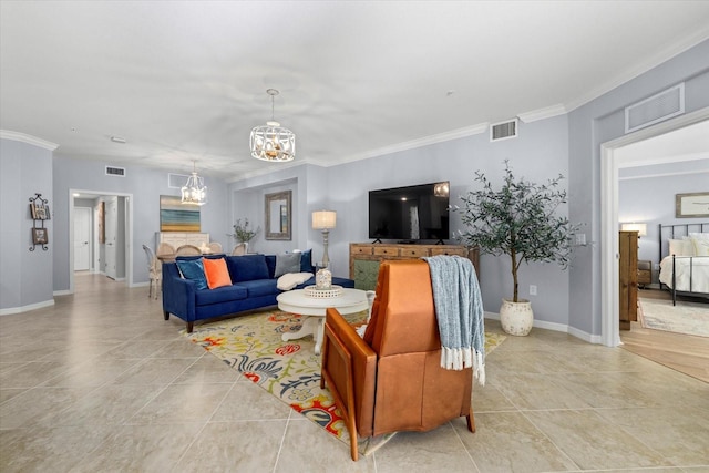 tiled living room with crown molding and a notable chandelier