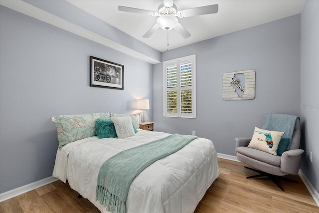 bedroom with ceiling fan and light wood-type flooring