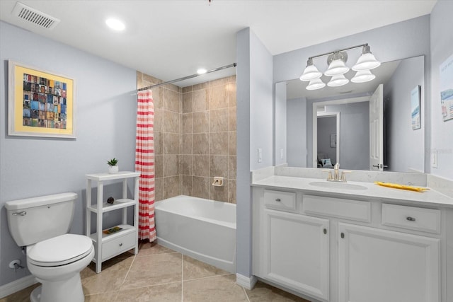 full bathroom featuring tile patterned flooring, shower / bath combination with curtain, toilet, and vanity