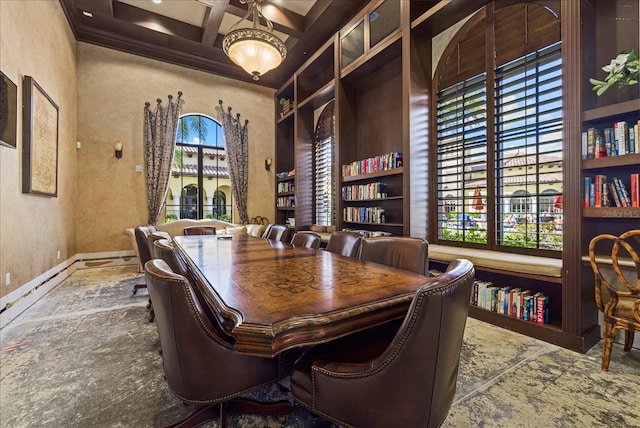 office space with coffered ceiling