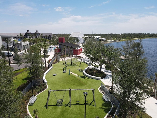 drone / aerial view with a water view