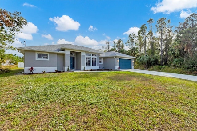 single story home with a garage and a front yard