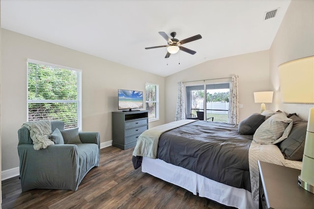 bedroom with access to outside, ceiling fan, dark hardwood / wood-style floors, and lofted ceiling