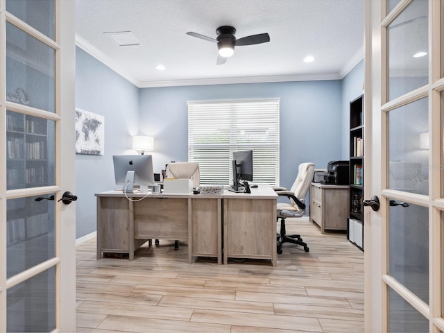 office area with ceiling fan, ornamental molding, a textured ceiling, and french doors