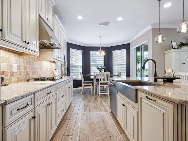 5930 Anise Dr, Sarasota, FL 34238 - kitchen featuring stainless steel appliances, a sink, tasteful backsplash, light wood-type flooring, and under cabinet range hood