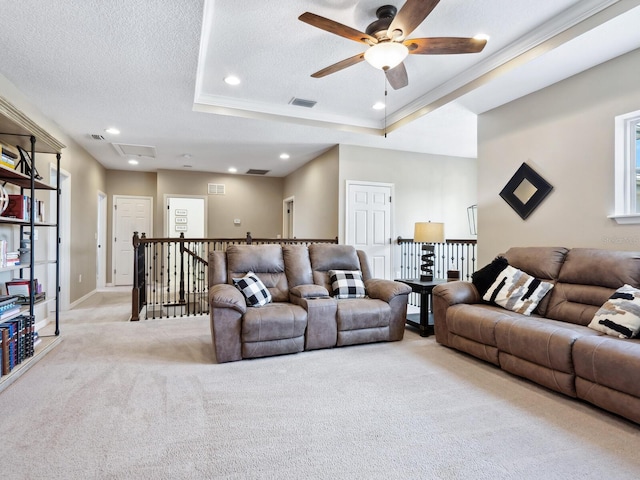5930 Anise Dr, Sarasota, FL 34238 - living area with recessed lighting, visible vents, a ceiling fan, a textured ceiling, and light colored carpet