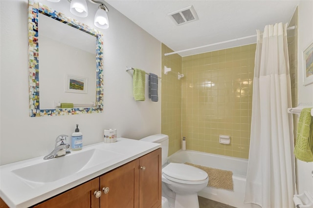 full bathroom featuring vanity, toilet, and shower / bathtub combination with curtain