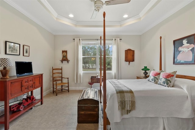 bedroom featuring a raised ceiling, ceiling fan, light tile patterned floors, and ornamental molding