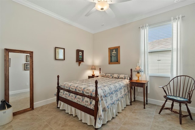 tiled bedroom with ceiling fan and ornamental molding