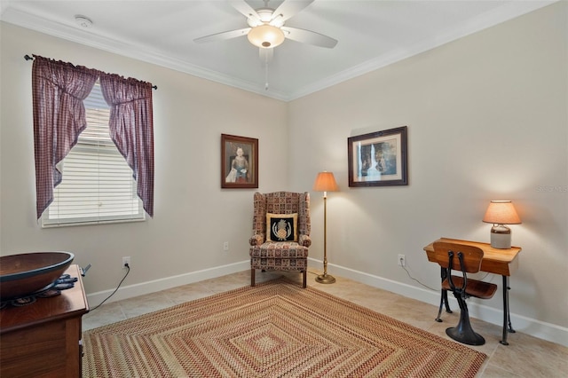 living area featuring ceiling fan, ornamental molding, and light tile patterned floors