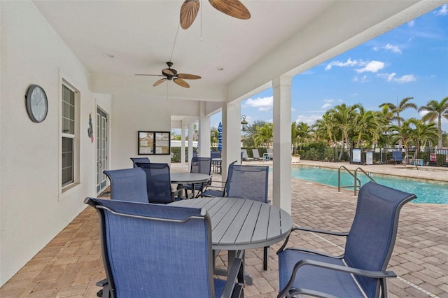 view of patio / terrace featuring a fenced in pool and ceiling fan