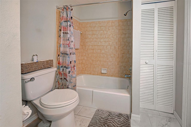 bathroom with shower / bath combination with curtain, toilet, and tile patterned floors