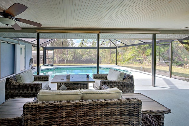 interior space featuring ceiling fan